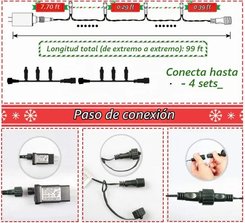 Vista 3 de realization - Guirnalda de luces LED para Navidad al aire libre, tira de 105 pies con 300 luces LED para interiores con 8 modos, enchufe de extremo