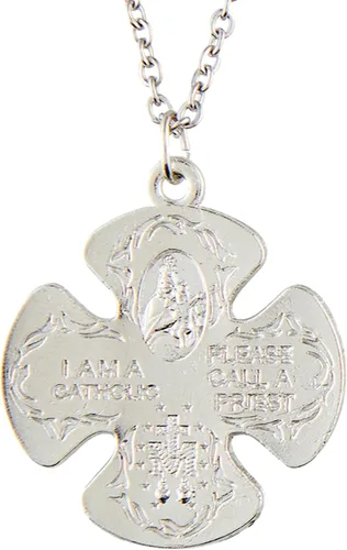Vista 2 de Needzo Collar de cruz católica de cuatro vías para hombre, colgante de tono plateado con San José, San Cristóbal, corazón sagrado y medallas