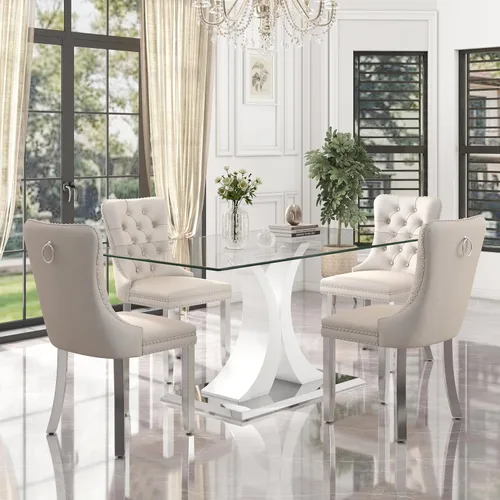 Vista 33 de Juego de comedor moderno de vidrio de lujo de 5 piezas, juego de cena rectangular minimalista grande para 4, juego de mesa de cocina de vidrio