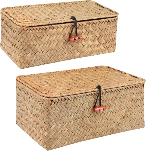 Vista 10 de Moosky Cestas de mimbre con tapa, cesta tejida a mano de pastos marinos para cestas de almacenamiento, cajas de regalo rectangulares para el hogar