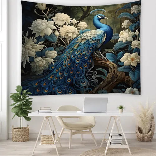 Vista 6 de JONSEQIN Tapiz de pavo real asiático elegante pájaro vintage rústico flores de granja animales plantas naturaleza flores silvestres colcha de picnic