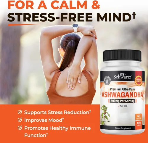 Vista 4 de BioSchwartz Ashwagandha Supplements - Cápsulas de Ashwagandha extra fuertes de 500 mg por porción, sin gluten, sin OMG, fabricadas en los Estados