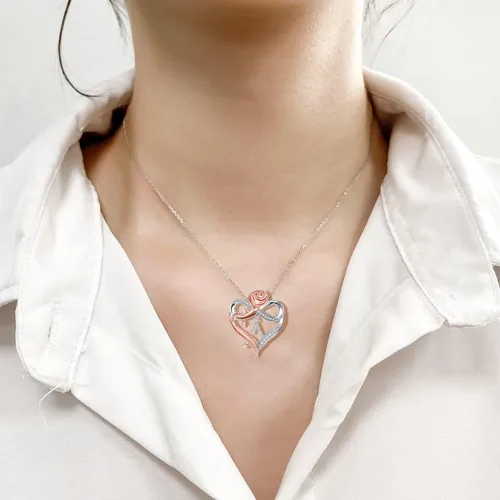 Vista 4 de Collares con inicial de corazón de rosa para mujer, collar con dije de letra de corazón de amor infinito CZ A-Z para adolescentes y niñas