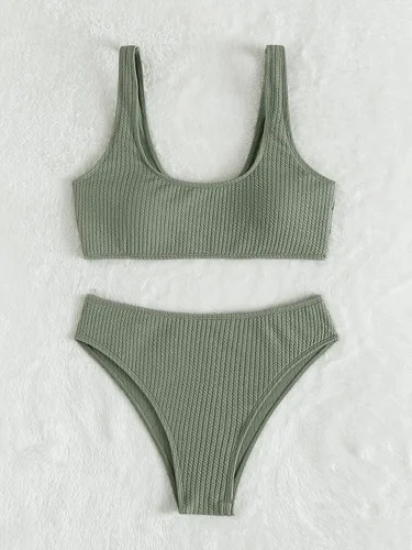 Vista 4 de GORGLITTER Conjunto de bikini de cintura alta para mujer, 2 piezas, cuello redondo, top corto, traje de baño