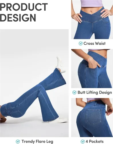 Vista 3 de IUGA Jeans acampanados para mujer, corte de bota, cruzado, cintura alta, parte inferior acampanada, pantalones de yoga de moda, leggings acampanados