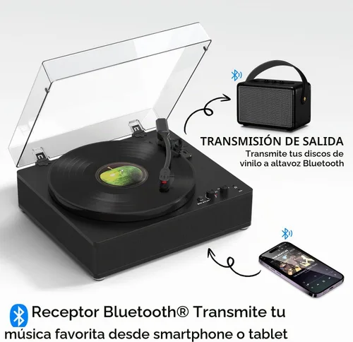 Vista 2 de Reproductor de discos de vinilo con altavoces estéreo, tocadiscos de tamaño completo para discos de vinilo, entrada y salida Bluetooth, reproductor