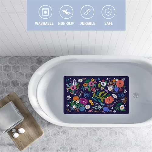 Vista 2 de Tapete de baño floral bohemio morado antideslizante con flores abstractas para ducha, tapete de baño botánico para bañera con ventosas y agujeros