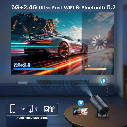 Vista 5 de Miniproyector portátil con WiFi y Bluetooth, soporte para proyector de películas 1080P HD, corrección trapezoidal automática, giratorio 180°, Grey
