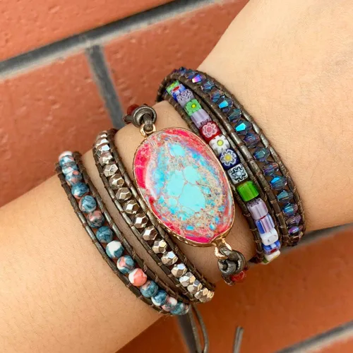 Vista 46 de ZOSOJONA - Pulseras bohemias hechas a mano de piedra natural, que dan vuelta, con cuentas de cristal de turquesa