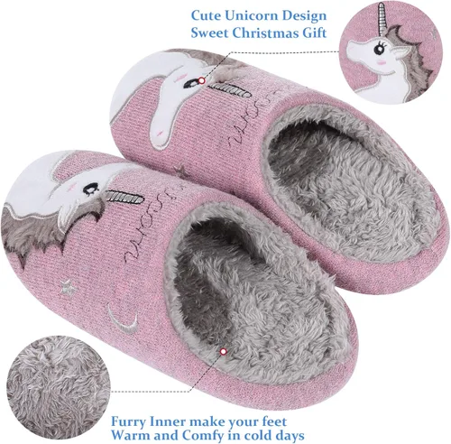 Vista 3 de Shevalues Pantuflas con forro de piel de animal para niños, niñas y niños, zapatos de casa de erizo de unicornio, mullidos bordados, para interiores