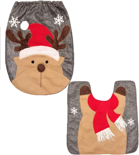 Vista 3 de Heshifeng party & accesories - Juego de funda para asiento de baño y alfombra de Navidad, hombre de nieve, Santa, reno, decoración navideña