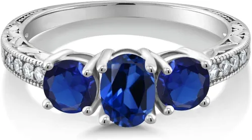 Vista 38 de Gem Stone King Anillo de compromiso de 3 piedras preciosas de oro blanco de 10 quilates con piedra natal y diamantes cultivados en laboratorio