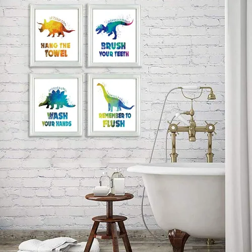 Vista 5 de CHIEN-CHI LILI Juego de 4 impresiones artísticas de dinosaurio para baño con frase motivacional para niños, niñas, hijas, hijo, sobrino, póster