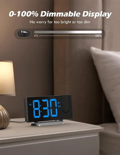 Vista 2 de Reloj despertador de proyección con radio FM, puerto de carga USB, atenuador 0-100%, alarma dual, pantalla LED HD, 30 estaciones preestablecidas
