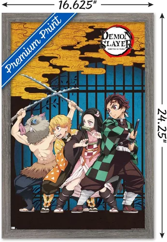 Vista 3 de Trends International Demon Slayer - Póster de pared de arte grupal, 14.725 x 22.375 pulgadas, versión enmarcada de madera de granero