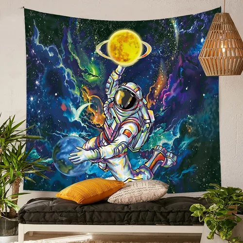 Vista 2 de Tapiz de tarjeta de tarot de constelación y estrella, tapiz botánico de fase lunar, tapiz de sol y luna, tapiz de astronauta, tapiz estético bohemio