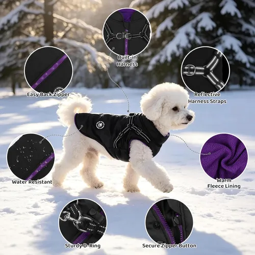 Vista 2 de Norbi - Chaqueta cálida para mascotas, arnés de chaleco para perros pequeños, abrigo de invierno 2 en 1 para cachorros, abrigo para clima frío XS