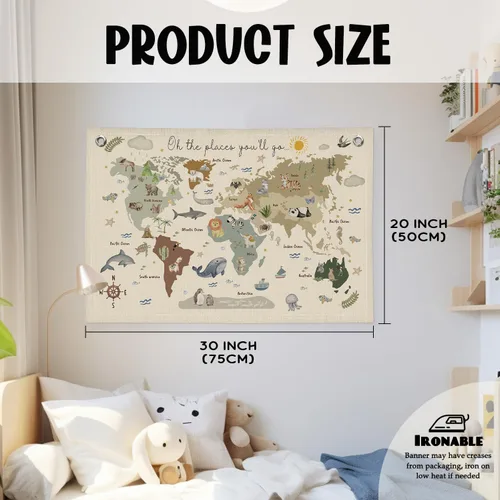 Vista 2 de Wheatwin Decoración de sala de juegos, pancarta de mapa del mundo para niños, mapas del mundo para pared, mapa del mundo, lindo tapiz de animales