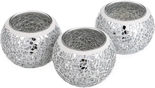 Vista 10 de OwnMy Juego de 3 portavelas de té de vidrio de mosaico azul, cuenco redondo, portavelas votivas, candelabros de mosaico de vidrio, candelitas