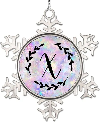 Vista 29 de Adorno de copo de nieve de letra A con inicial de copo de nieve, corona negra, adorno con monograma para decoración de árbol de Navidad, adornos
