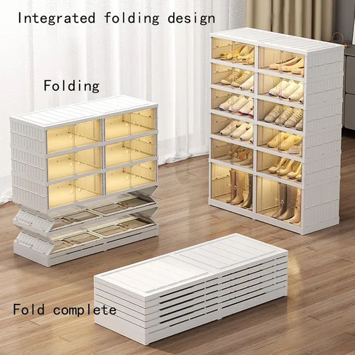 Vista 4 de Organizador plegable para zapatos, almacenamiento de zapatos apilable de 6 niveles con puerta transparente magnética, organizador grande de plástico