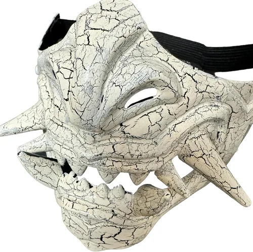 Vista 5 de Máscara de monstruo japonés Hannya Demon Oni Samurai Half Face Shield Crack Style Negro