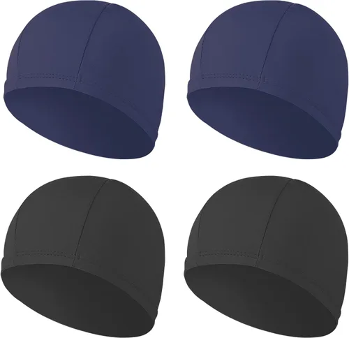 Vista 7 de 4 gorras elásticas de natación para mujeres, hombres y niños, tela duradera, no impermeable, gorra de piscina elástica 2 negro y 2 azul