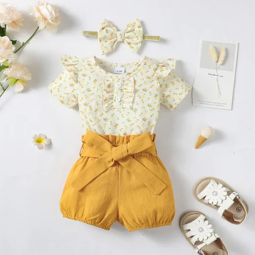 Vista 5 de Mioglrie Conjunto de ropa para bebé recién nacida, conjunto de pantalones cortos, lindos trajes de verano para bebés, ropa de bebé de algodón