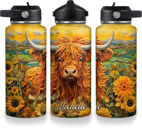 Vista 13 de Hyturtle Botella de agua personalizada de vaca Highland, botella de acero inoxidable aislada con tapa a prueba de fugas, 18 onzas, 32 onzas, regalo