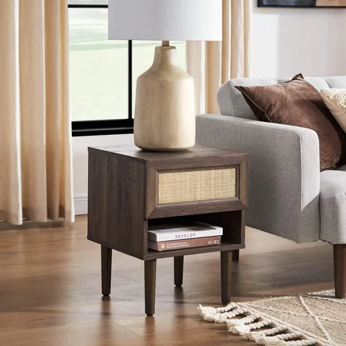 Vista 14 de Mopio - Mesita de noche Haylee de ratán, mesa auxiliar perfecta para sala de estar y dormitorio que complementa tu cama o sofá (carbón)