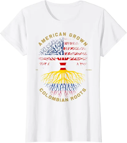 Vista 17 de Camiseta de regalo con la bandera de Estados Unidos con árbol de raíces colombianas