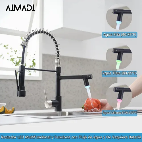Vista 2 de AIMADI Grifo de cocina negro con rociador extraíble, acero inoxidable Negro y níquel