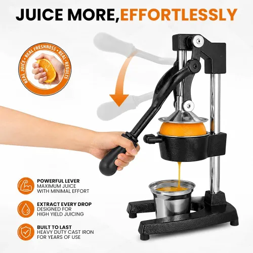 Vista 2 de Exprimidor de hierro fundido – Prensa manual de cítricos resistente Exprimidor de mano para naranja, limón, lima, pomelo y granada Prensa