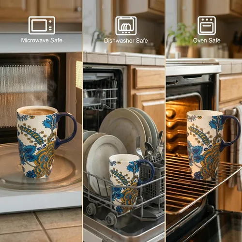 Vista 6 de DUSVALLY Taza de viaje de cerámica de 17oz con tapa, taza de café floral Azul