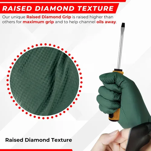 Vista 3 de Guantes industriales de nitrilo de 2 capas de 8.5 milésimas de pulgada de grosor, desechables, resistentes a desgarros, textura de diamante elevado
