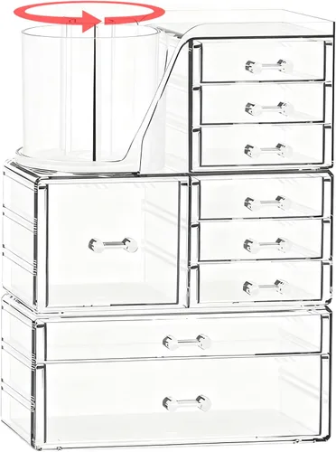 Vista 8 de ShineMe Organizador de maquillaje acrílico, organizador de cosméticos apilable de 2 niveles para tocador con soporte giratorio de 360° para brochas