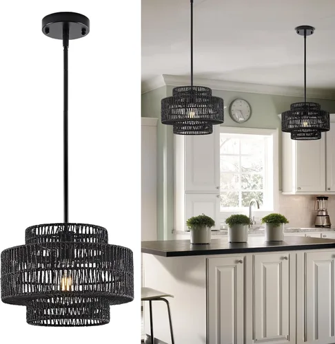 Vista 16 de 12.4” Candelabro de ratán boho, 1 luz, lámpara colgante tejida a mano, lámpara colgante rústica de estilo granja para isla de cocina, recámara