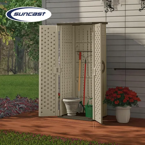 Vista 5 de Suncast Cobertizo vertical, sistema compacto de almacenamiento al aire libre, capacidad de 22 pies cúbicos, arena y Mustang, organizador de resina