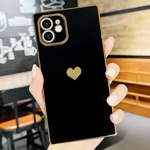 Vista 2 de Compatible con iPhone 12 Funda Rectangular Bonita Chapado Dorado Lujo Corazón de Amor Funda de Teléfono para Mujeres Niñas A Prueba de Golpes