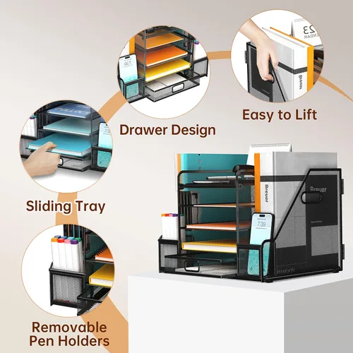 Vista 3 de DALTACK Organizador de escritorio negro moderno con bandeja de papel de 5 niveles, soporte para revistas, cajón y soportes para bolígrafos