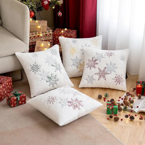 Vista 3 de MIULEE - Juego de 2 fundas de almohada decorativas de Navidad, de pelo sintético suave con bordado de copos de nieve, almohadas lindas de invierno
