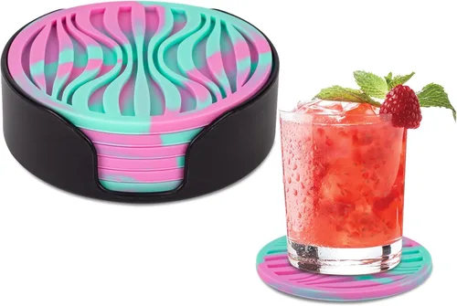 Vista 21 de Paquete de 6 posavasos para bebidas con soporte, tapete de silicona antideslizante, posavasos de goma vivos para bebidas calientes o frías, se