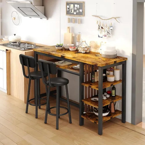 Vista 5 de DKLGG Juego de mesa de comedor para 2, juego de comedor rústico a altura de bar con almacenamiento y taburetes de mostrador, mesa de isla para Marrón