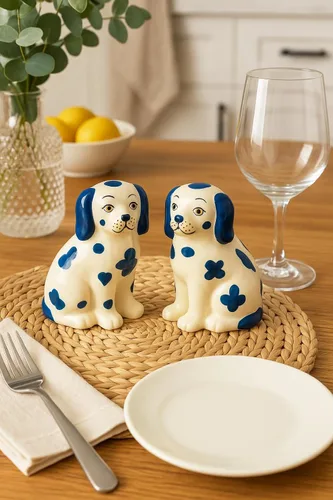 Vista 5 de Staffordshire Dogs Chinoiserie Decor - Juego de salero y pimentero decorativo azul, cerámica pintada a mano