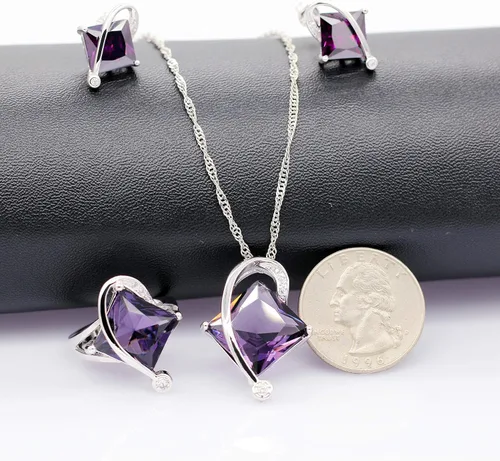 Vista 7 de Uloveido T295 - Juego de collar, anillo y aretes con topacio de cristal cuadrado grande