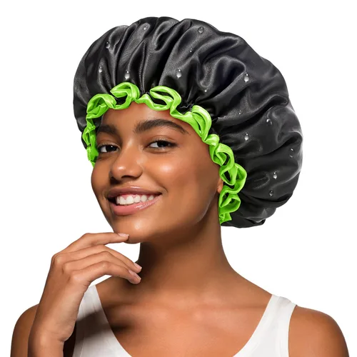 Vista 14 de Gorro de ducha negro extra grande para mujeres y hombres con cabello grueso, largo y trenzas, reutilizable, impermeable, de doble capa XL, gorros