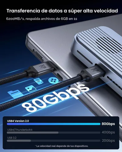 Vista 2 de Silkland Cable USB 4 de 80 Gbps para Thunderbolt 5 de 1 pie, carga PD 3.1 de 240 W, ancho de banda de hasta 120 Gbps para doble 8K, cable de datos