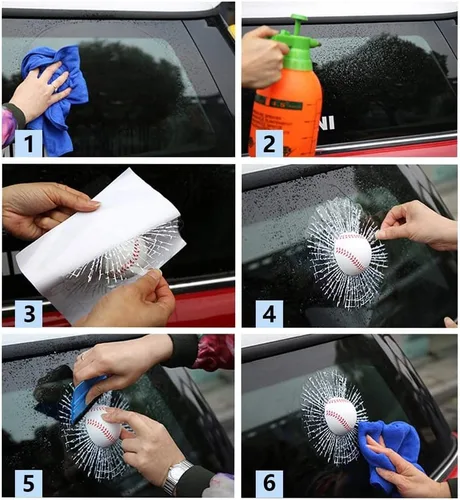 Vista 2 de Pegatina de cristal roto tricky broken en 3D, bola de ventana de coche, pegatina autoadhesiva divertida para coche (béisbol)