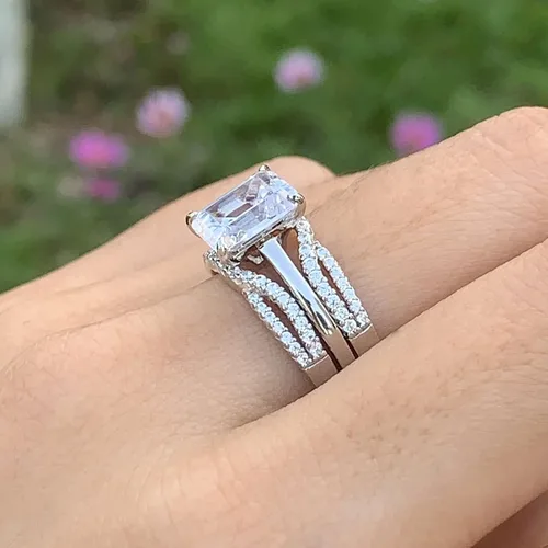 Vista 3 de Wuziwen Anillo de novia realzador de 2 quilates para anillos de compromiso para mujer, diseño de corazón de princesa, esmeralda ovalada, plata