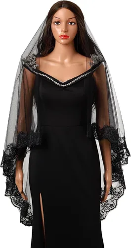 Vista 7 de Acenail Black Lace Veil Brides Wedding Veils Long Cathedral Veil with Comb Mourning Funeral Corpse Halloween Costume Veils Negro 110